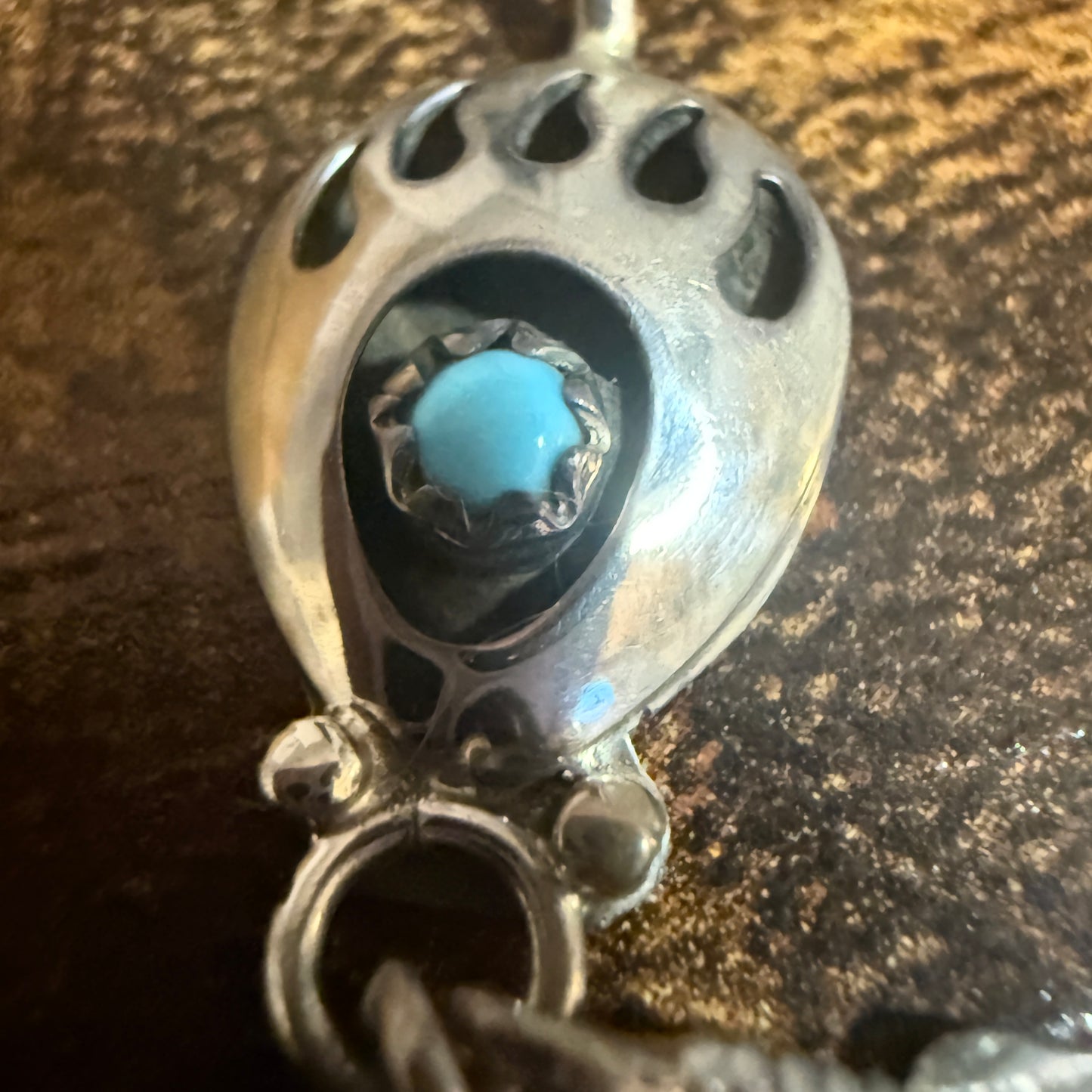 Navajo Turquoise Bear Paw Pendant in Sterling Silver Signed by Running Bear