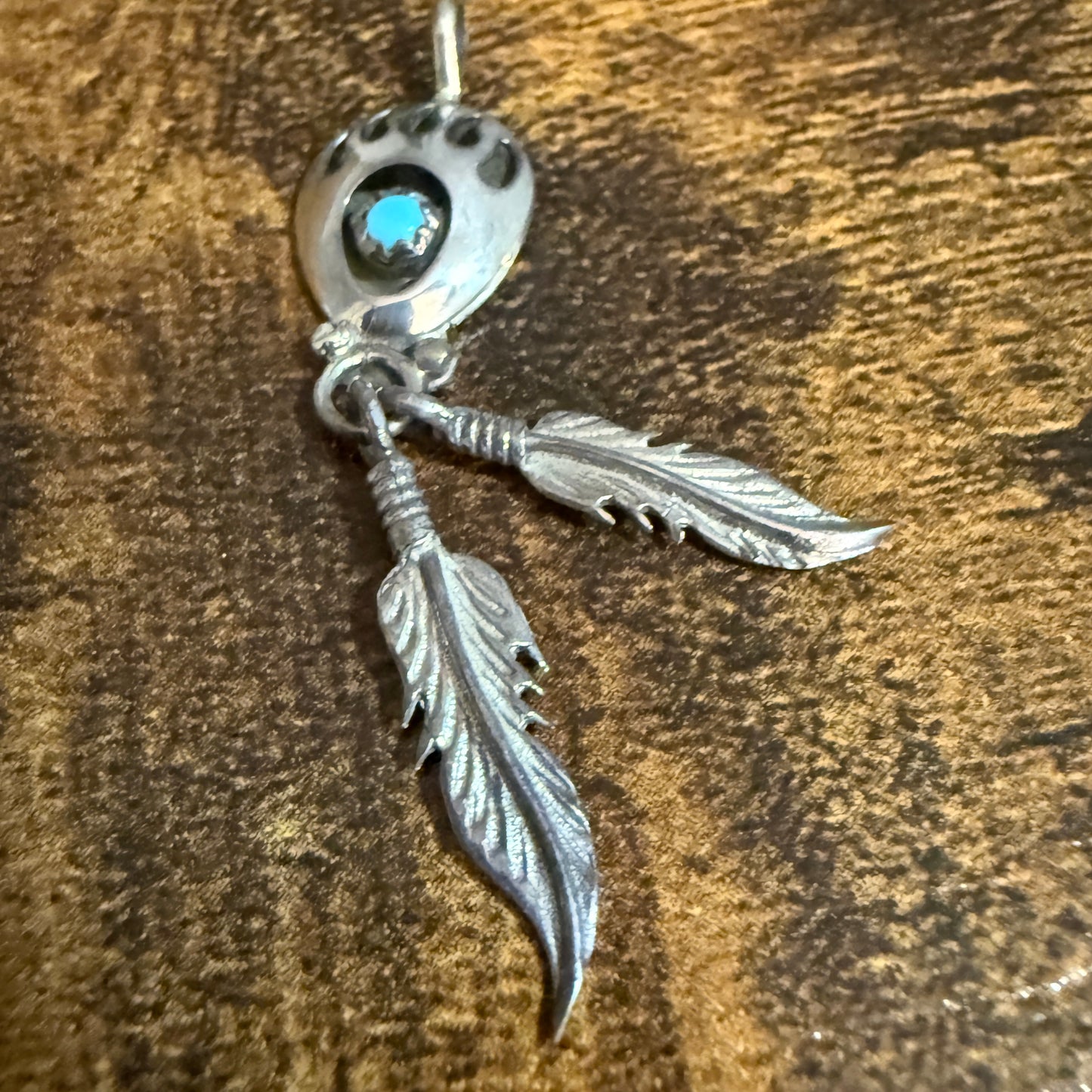 Navajo Turquoise Bear Paw Pendant in Sterling Silver Signed by Running Bear