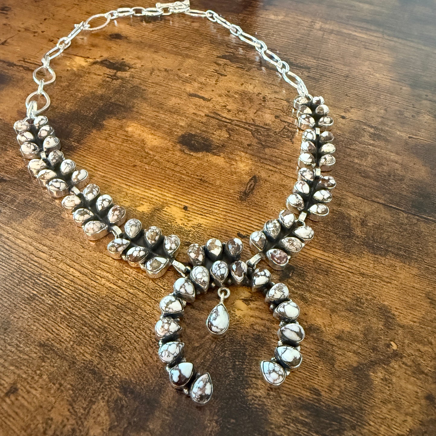 Wild Horse Turquoise Dalhia Gemstone Squash Navajo Necklace Sterling Silver