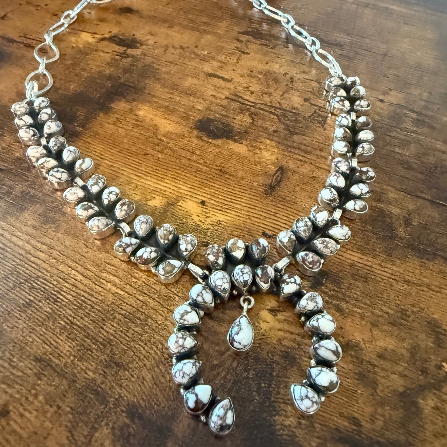 Wild Horse Turquoise Dalhia Gemstone Squash Navajo Necklace Sterling Silver