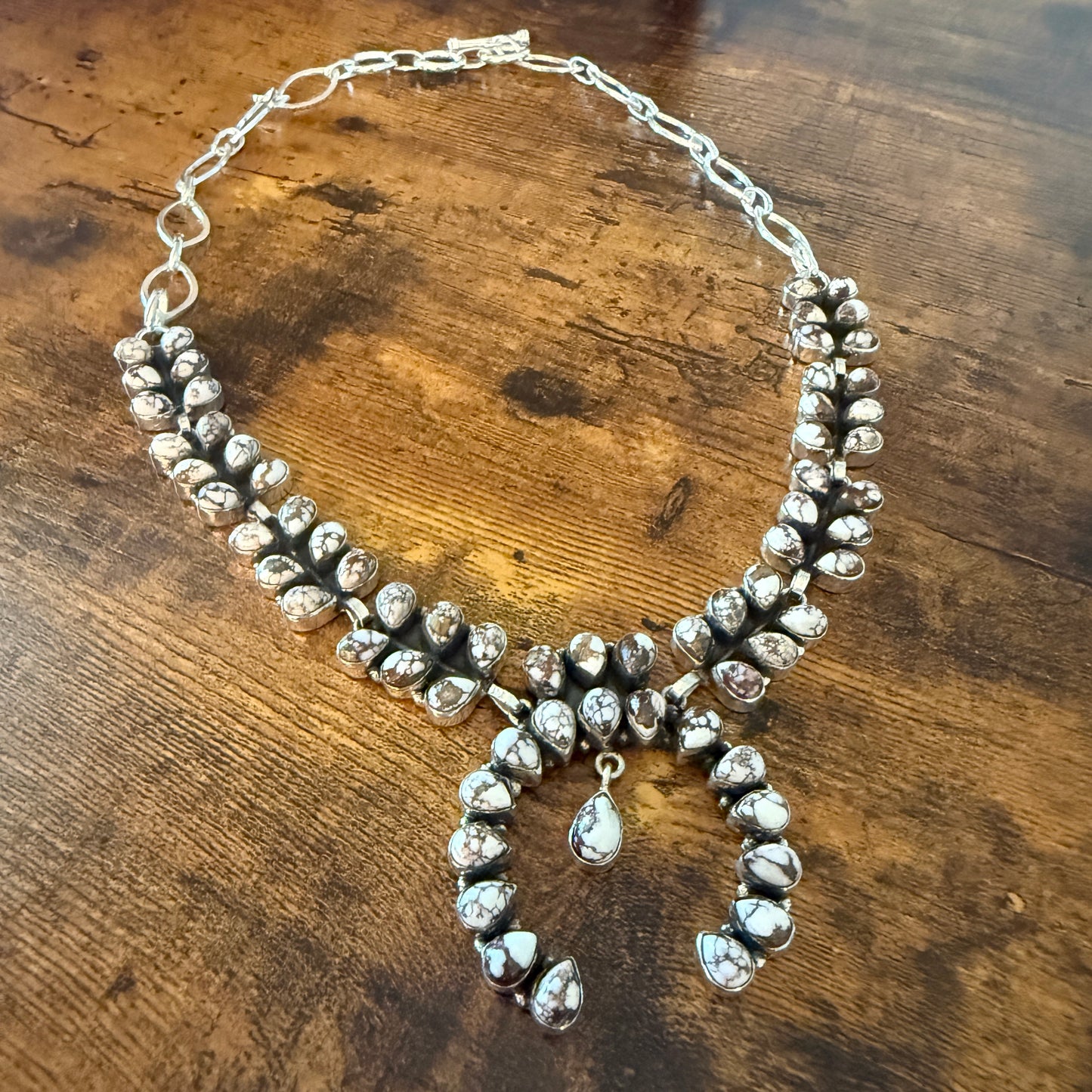 Wild Horse Turquoise Dalhia Gemstone Squash Navajo Necklace Sterling Silver