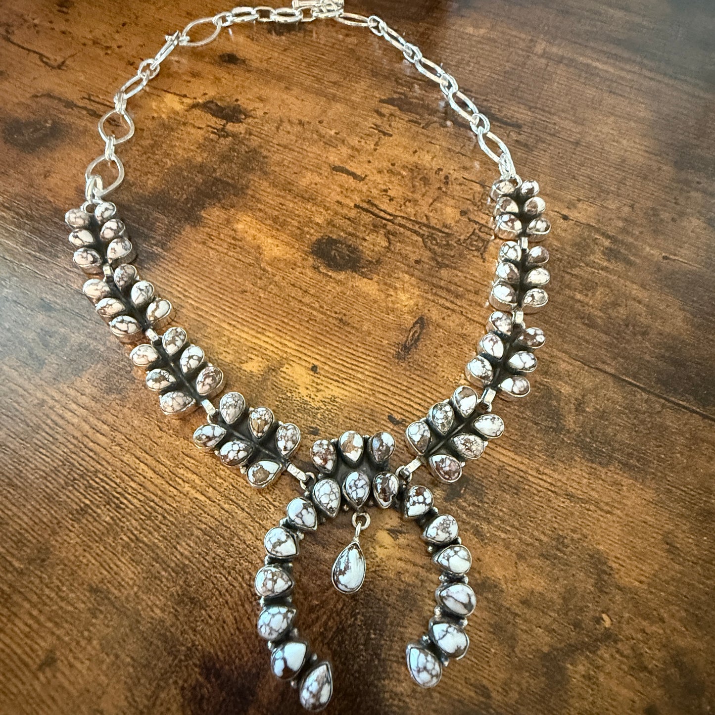 Wild Horse Turquoise Dalhia Gemstone Squash Navajo Necklace Sterling Silver