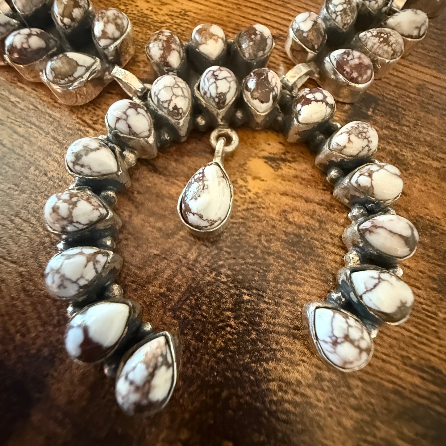 Wild Horse Turquoise Dalhia Gemstone Squash Navajo Necklace Sterling Silver