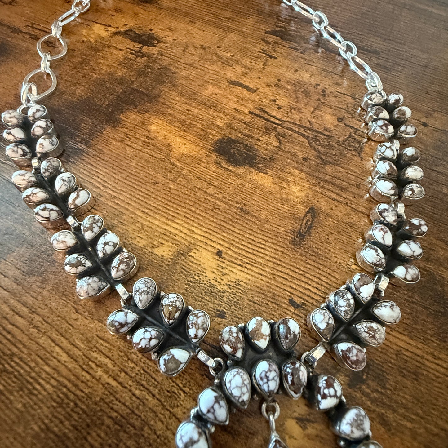 Wild Horse Turquoise Dalhia Gemstone Squash Navajo Necklace Sterling Silver