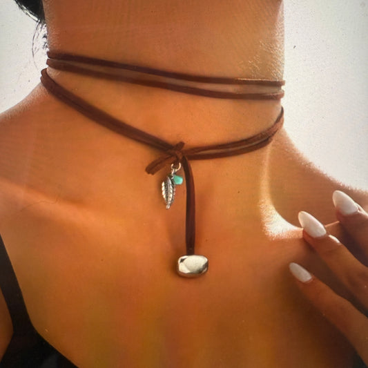 Vintage Style Brown Leather Turquoise Feather Choker Necklace