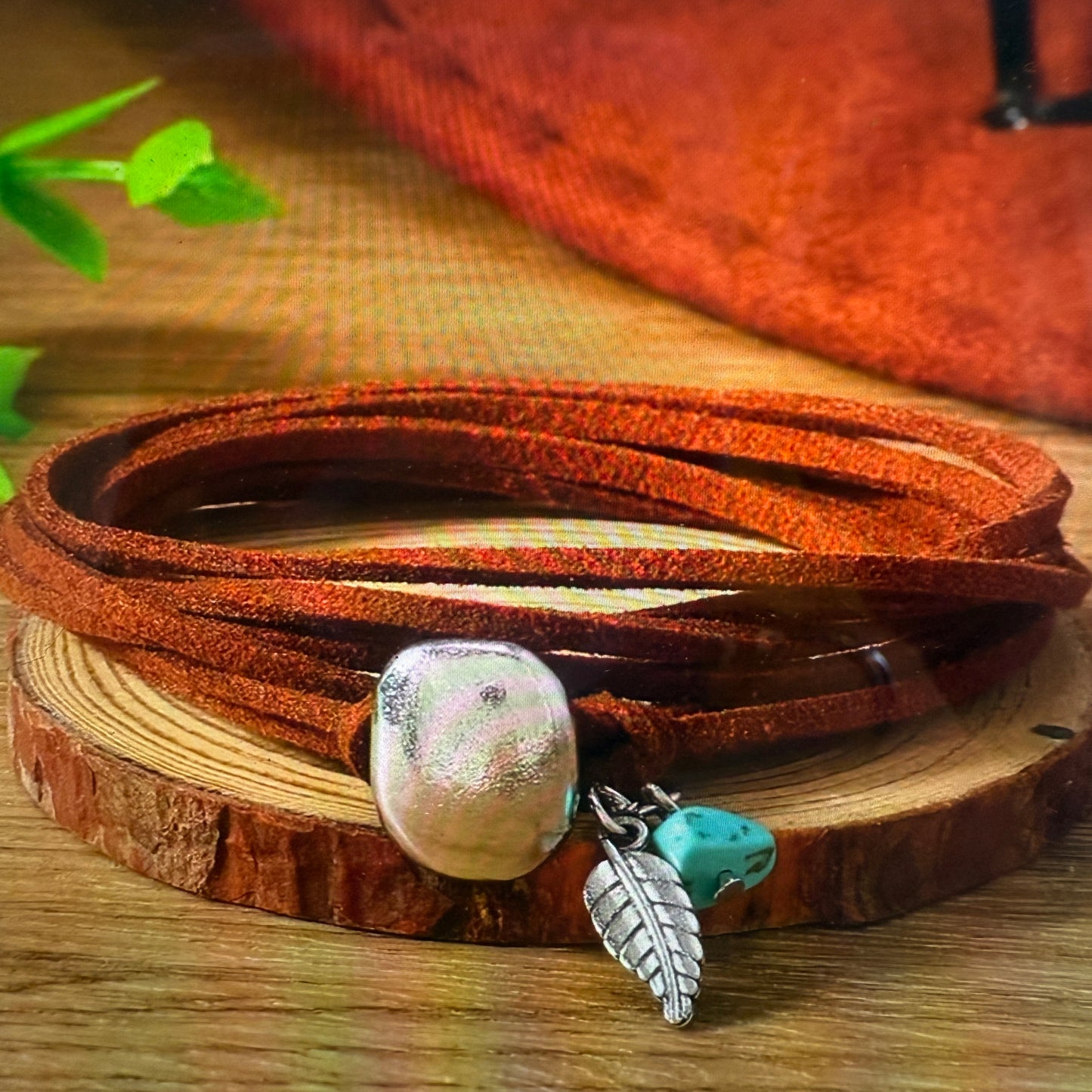 Vintage Style Brown Leather Turquoise Feather Choker Necklace