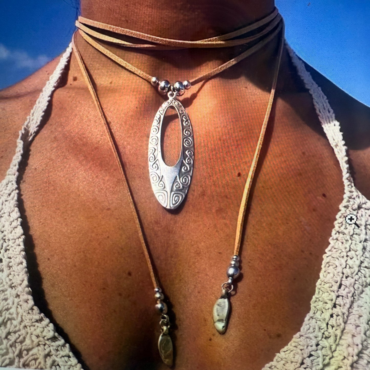 Bohemian Double Strand Leather Choker Necklace Oval Cut Out Beaded Design