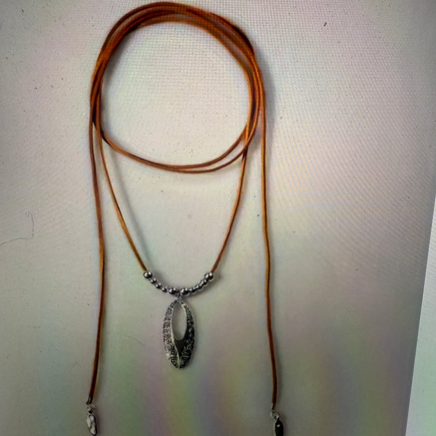 Bohemian Double Strand Leather Choker Necklace Oval Cut Out Beaded Design