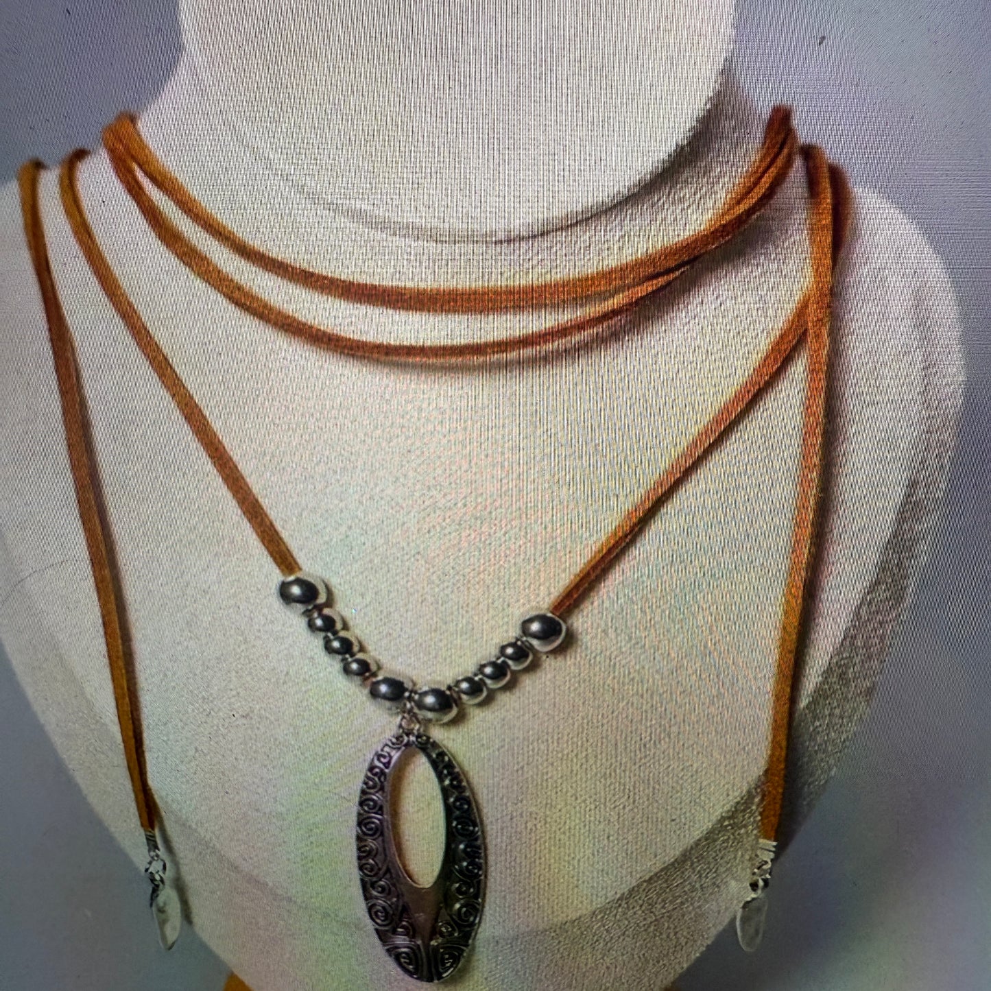 Bohemian Double Strand Leather Choker Necklace Oval Cut Out Beaded Design