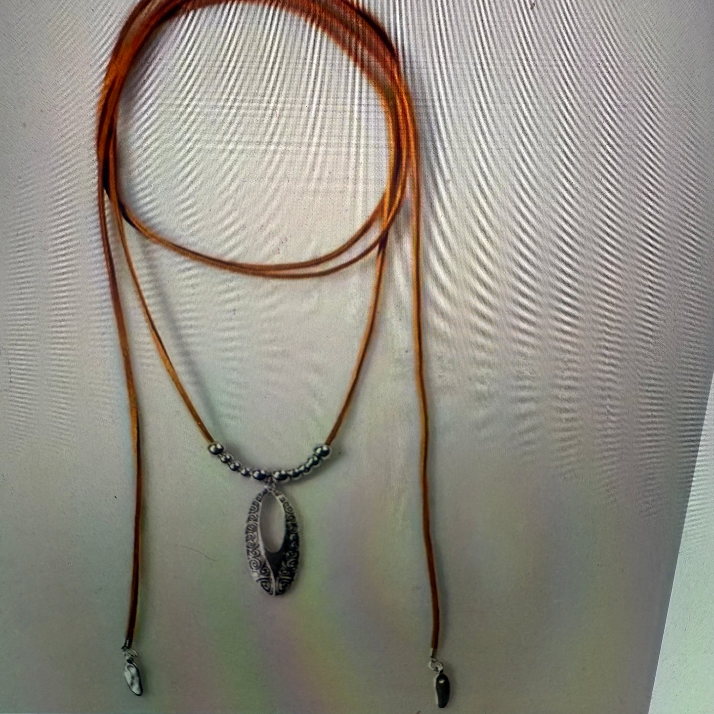 Bohemian Double Strand Leather Choker Necklace Oval Cut Out Beaded Design