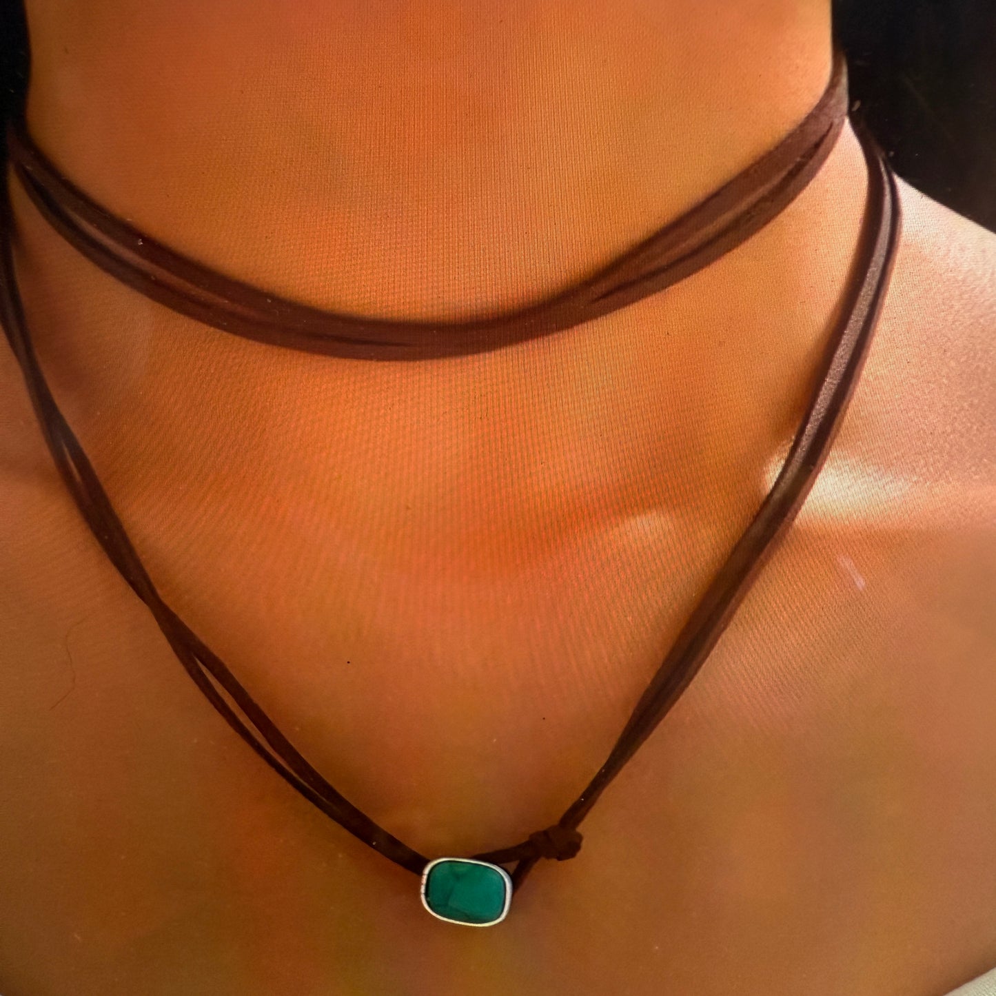 Leather Bohemian Multi Layer Wrap Choker Necklace With Faux Turquoise Stone