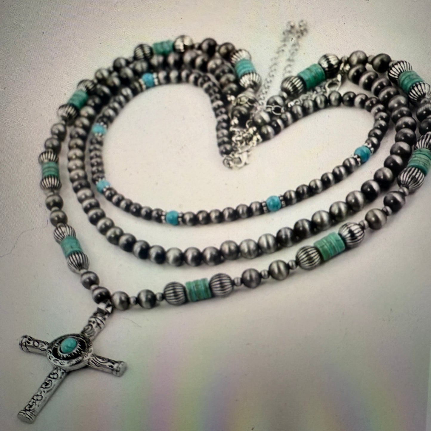 Faux Turquoise Bead Cross Pendant Layered Necklace Set for Women