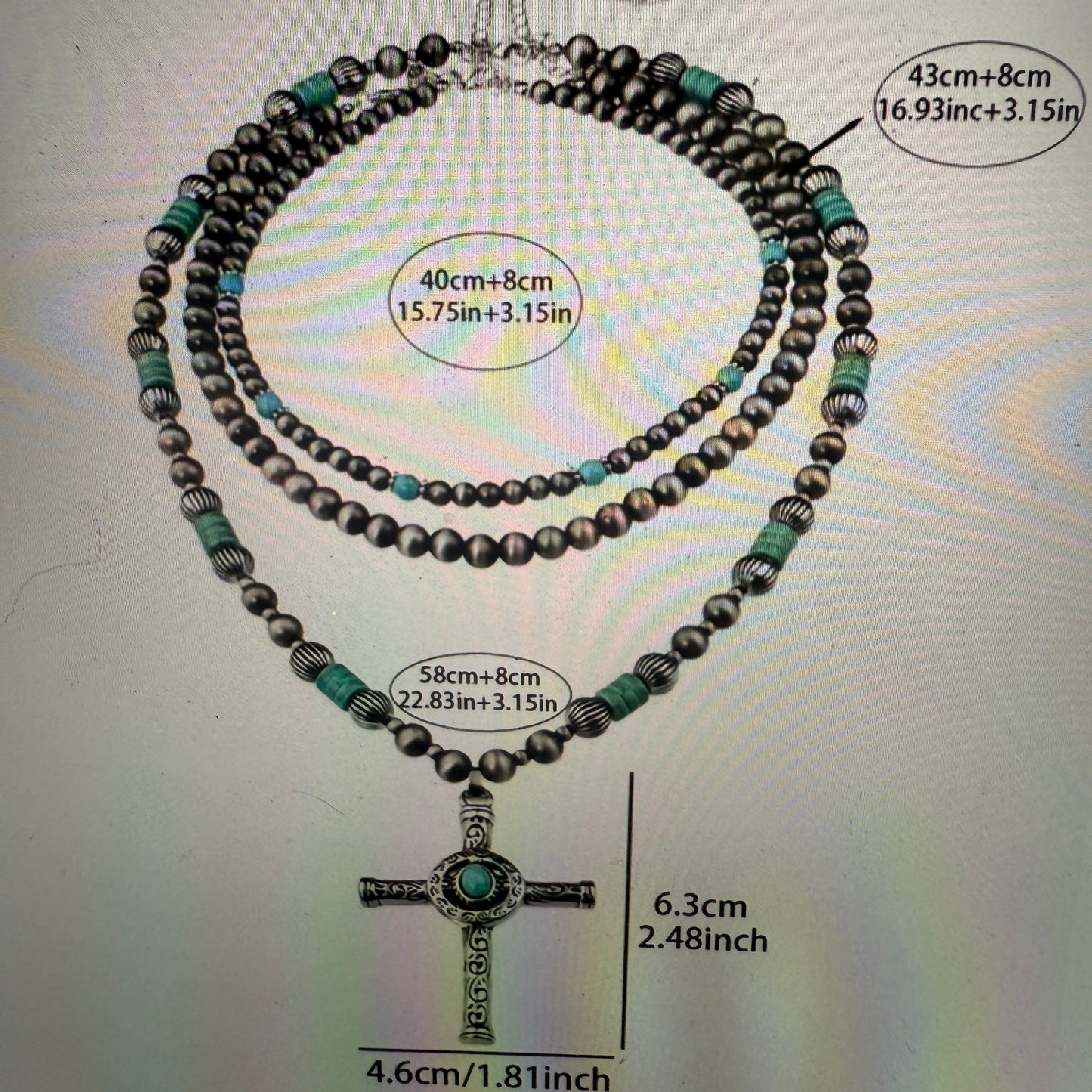Faux Turquoise Bead Cross Pendant Layered Necklace Set for Women