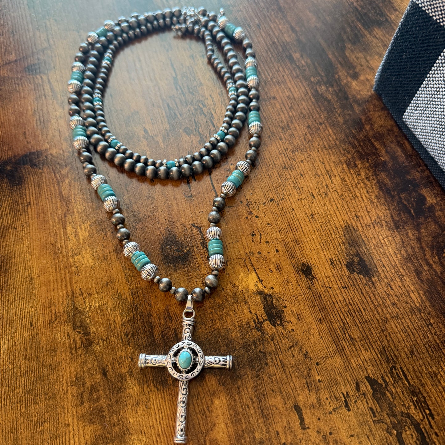 Faux Turquoise Bead Cross Pendant Layered Necklace Set for Women