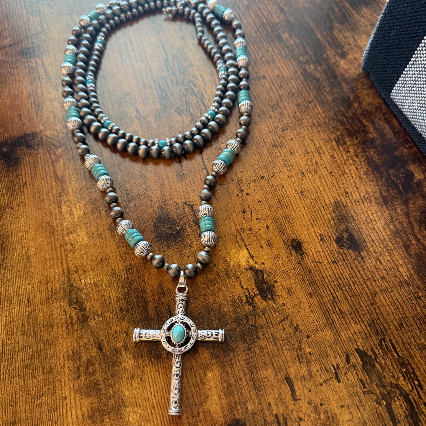 Faux Turquoise Bead Cross Pendant Layered Necklace Set for Women