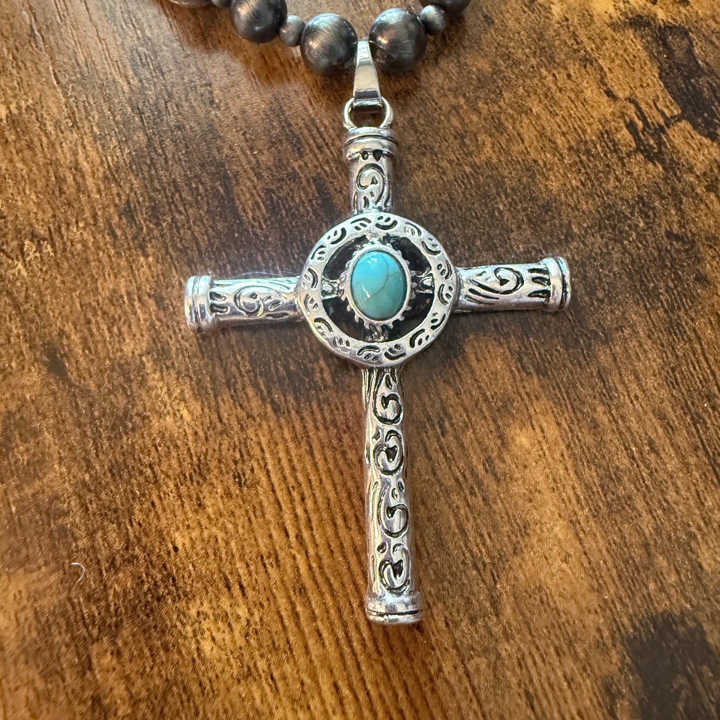 Faux Turquoise Bead Cross Pendant Layered Necklace Set for Women