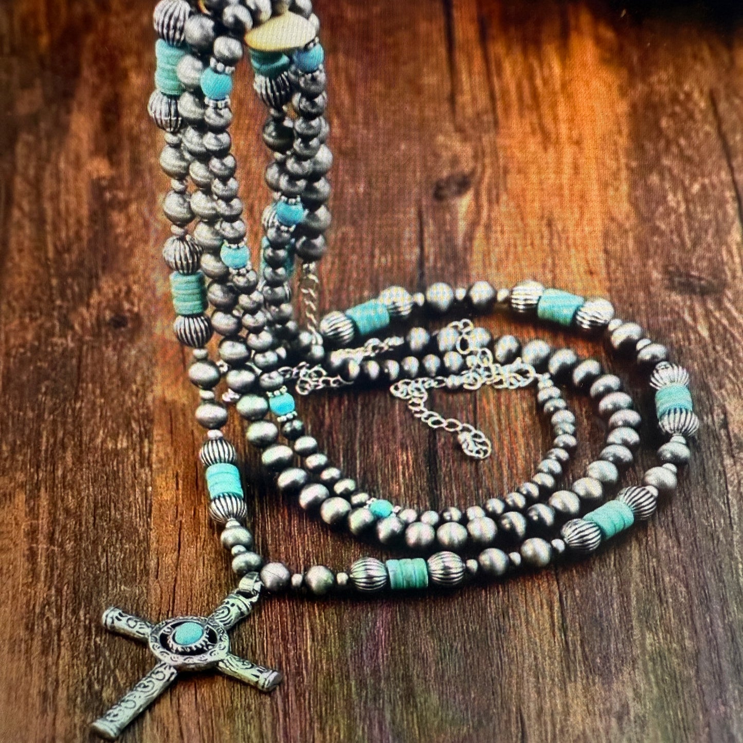 Faux Turquoise Bead Cross Pendant Layered Necklace Set for Women