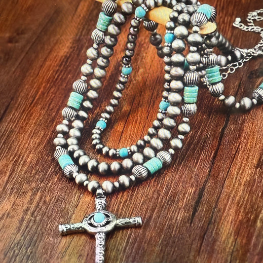 Faux Turquoise Bead Cross Pendant Layered Necklace Set for Women