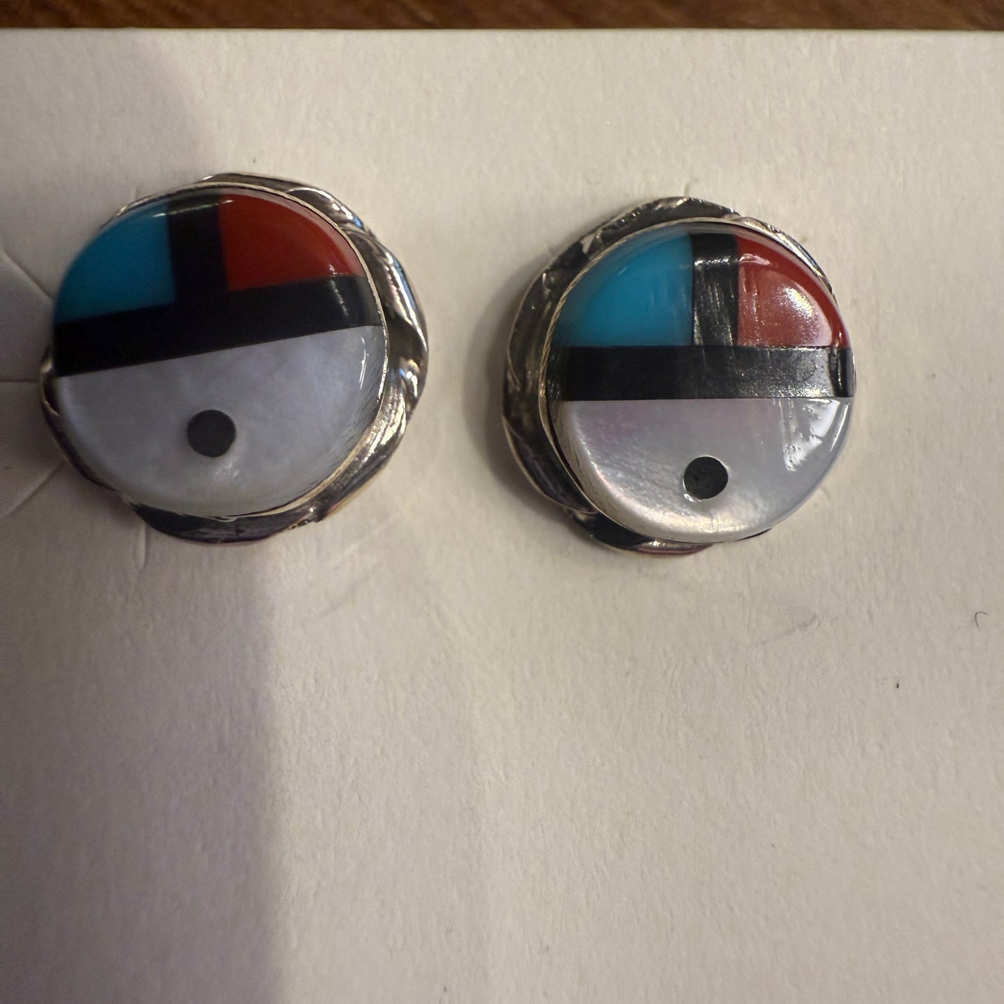 Bowakaty Native American Sterling Silver Turquoise Sunface Inlay Stud Earrings