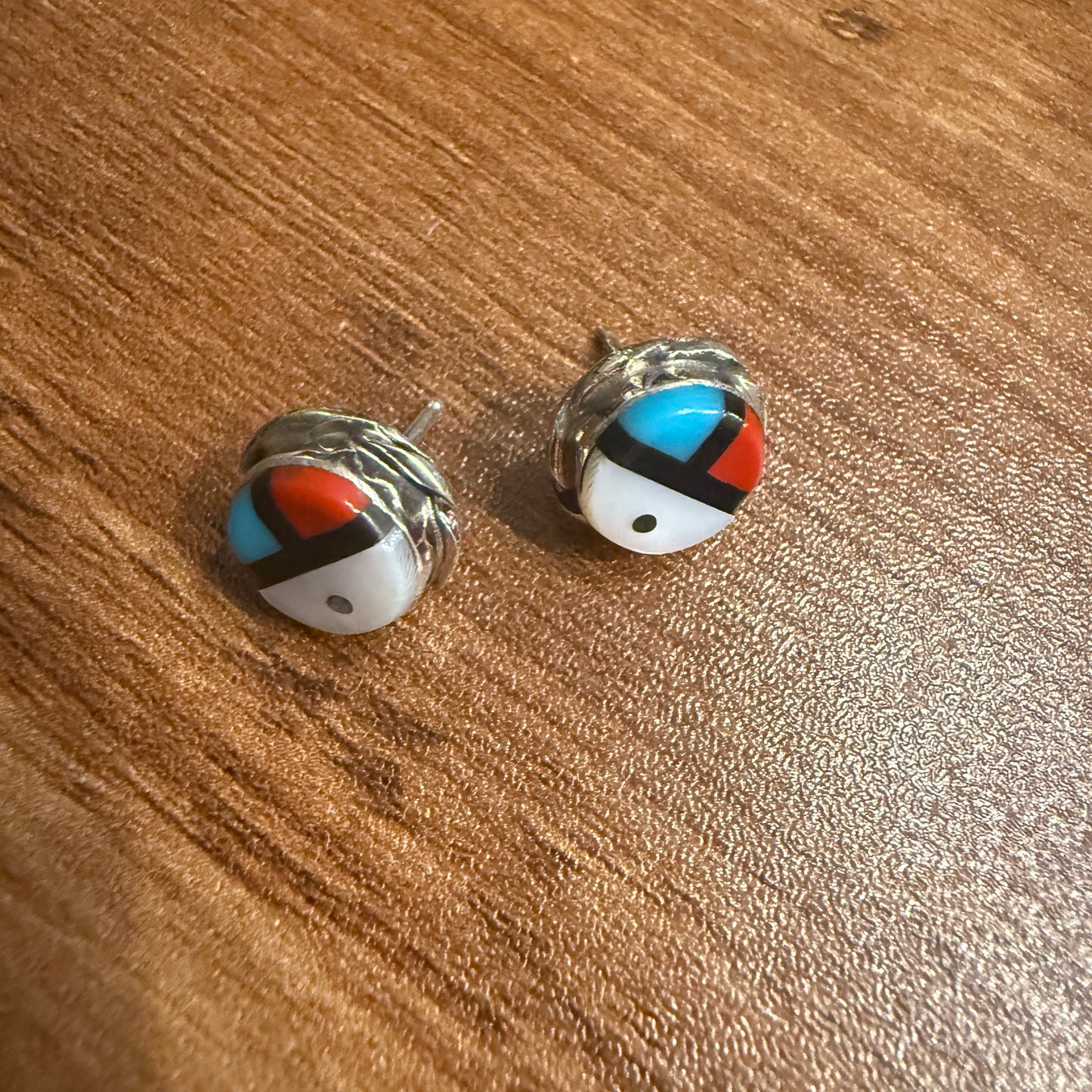 Native American Turquoise Inlay Sunface Sterling Silver Stud Earrings Bowakaty