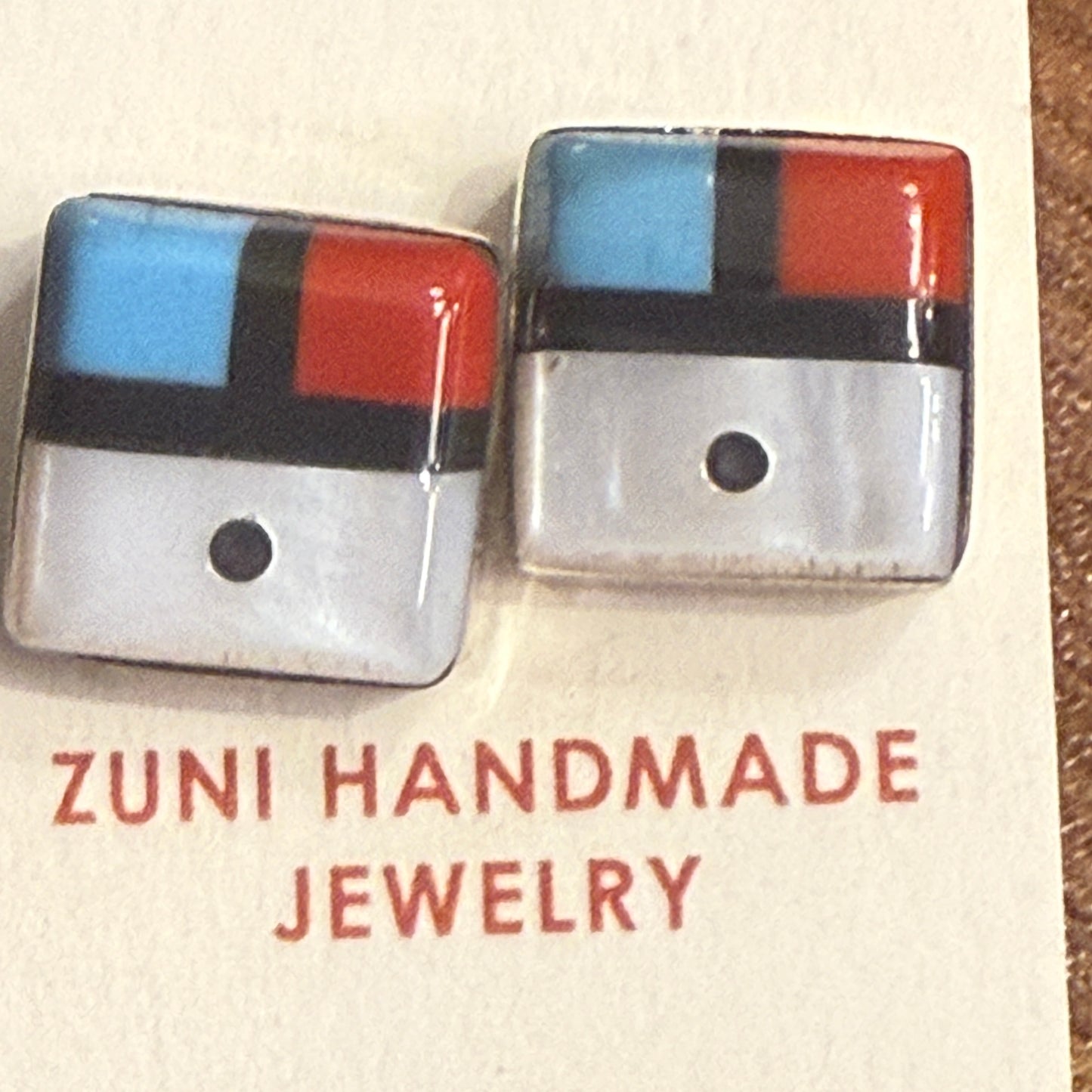 Native American Zuni Sunface Inlay Earrings Sterling Turquoise Coral Onyx Shell