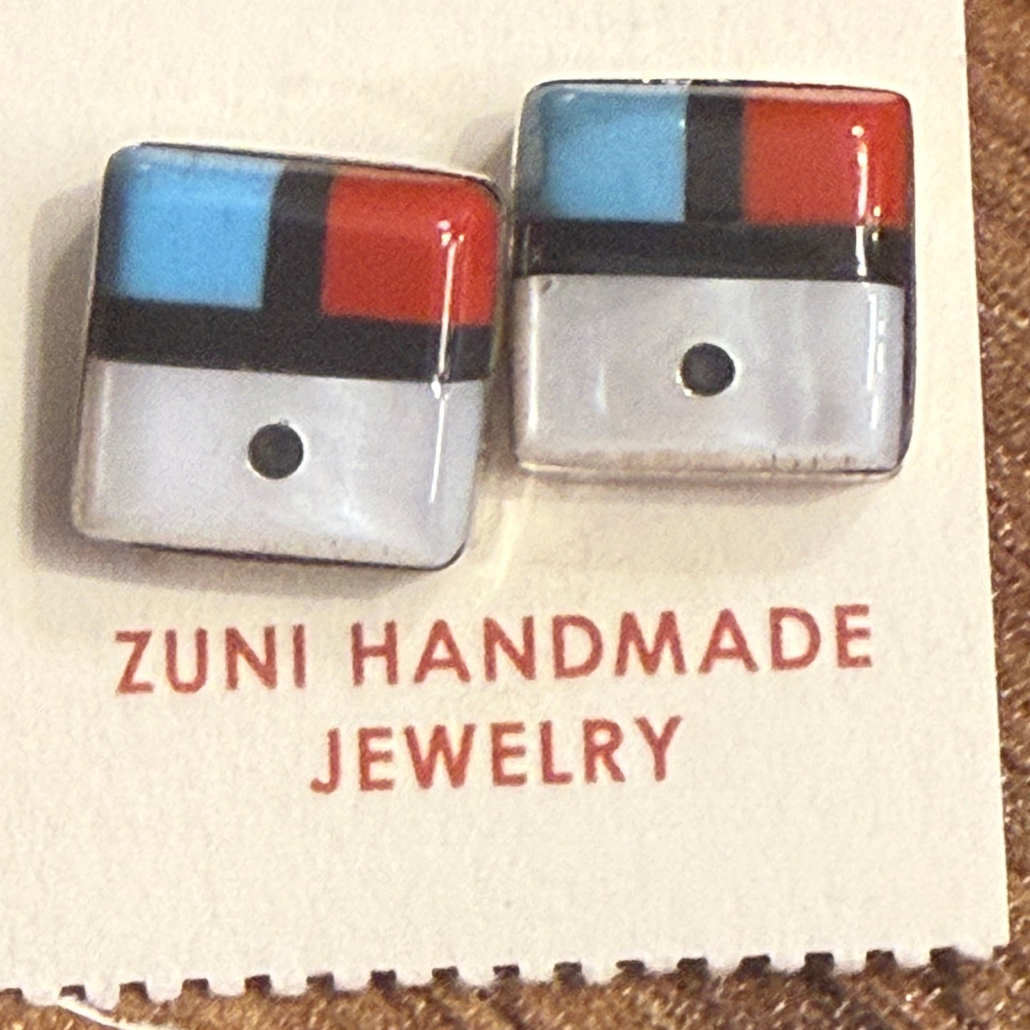 Native American Zuni Sunface Inlay Earrings Sterling Turquoise Coral Onyx Shell