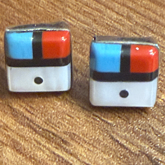 Native American Zuni Sunface Inlay Earrings Sterling Turquoise Coral Onyx Shell