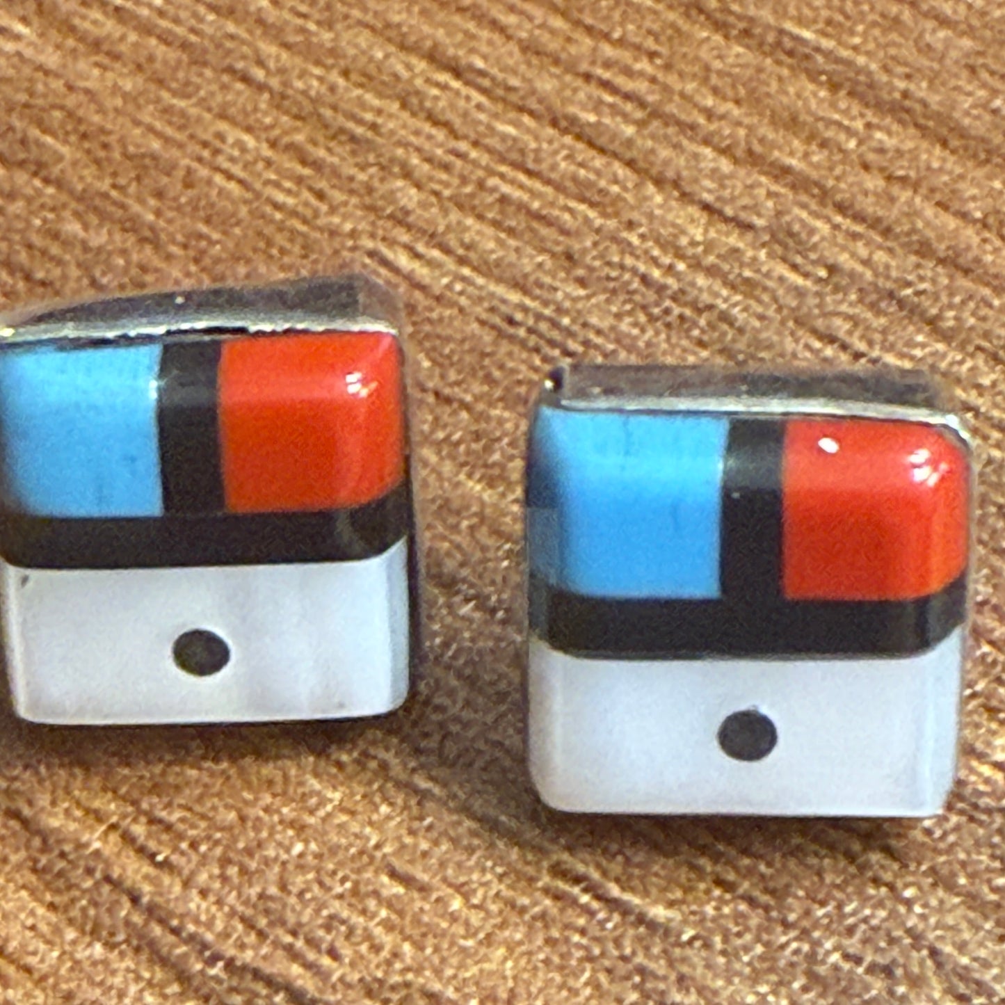 Native American Zuni Sunface Inlay Earrings Sterling Turquoise Coral Onyx Shell