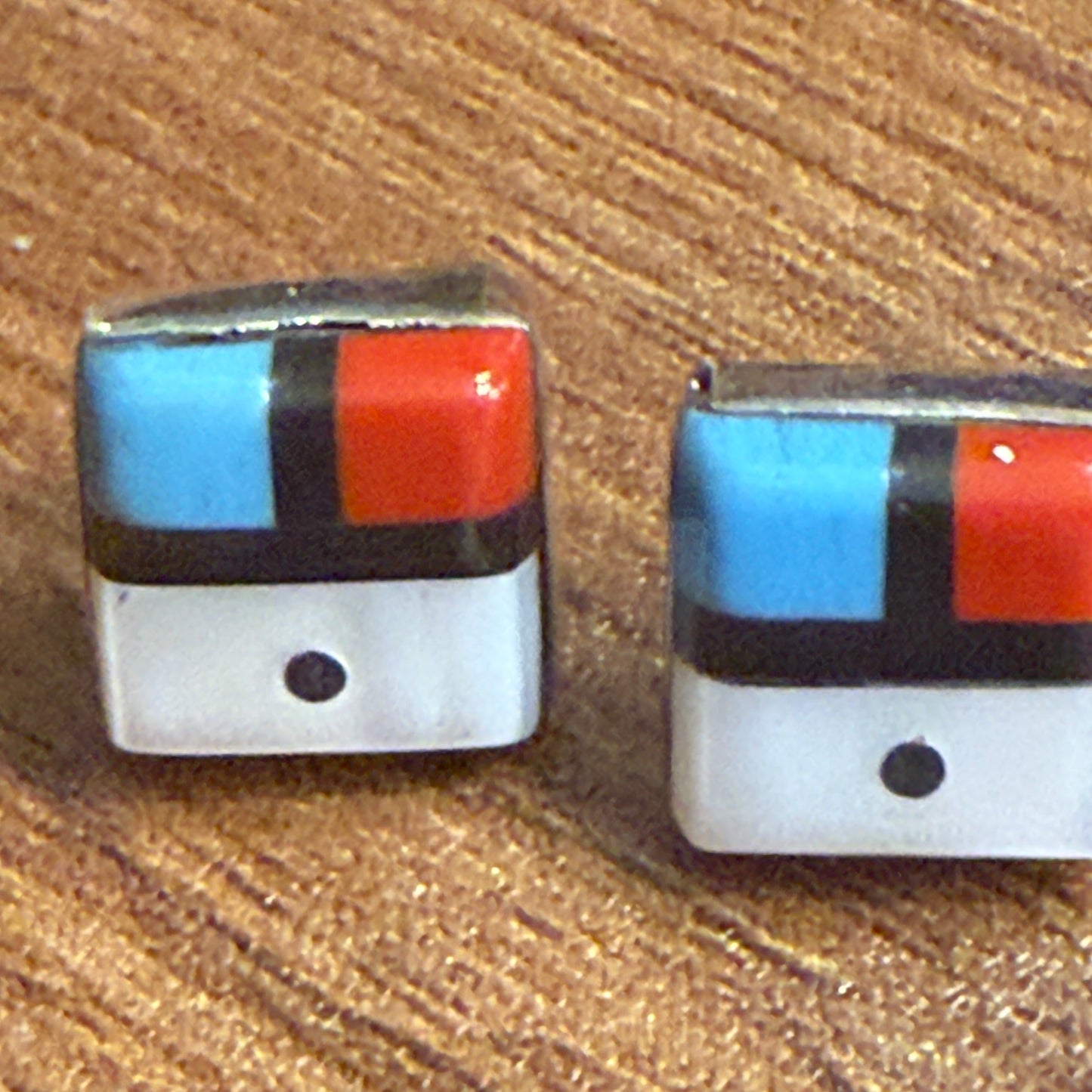 Native American Zuni Sunface Inlay Earrings Sterling Turquoise Coral Onyx Shell