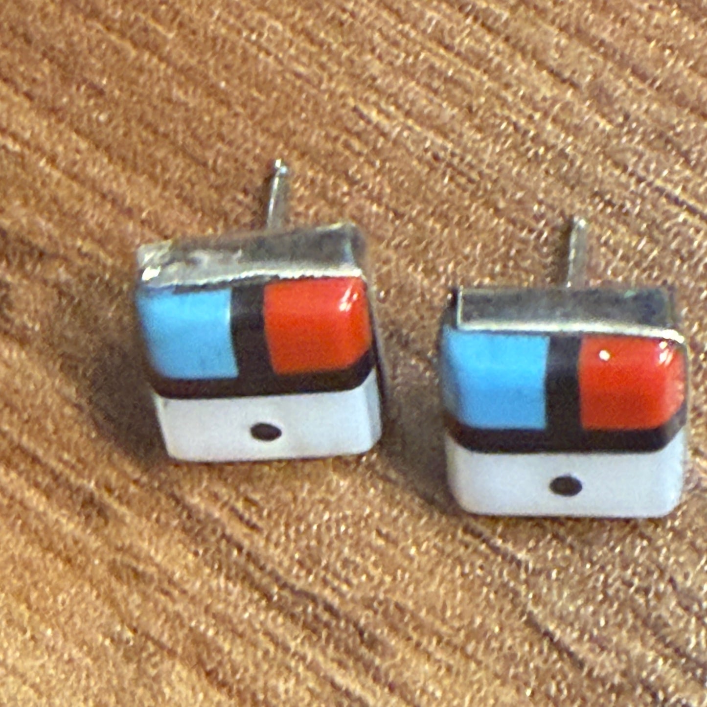 Native American Zuni Sunface Inlay Earrings Sterling Turquoise Coral Onyx Shell