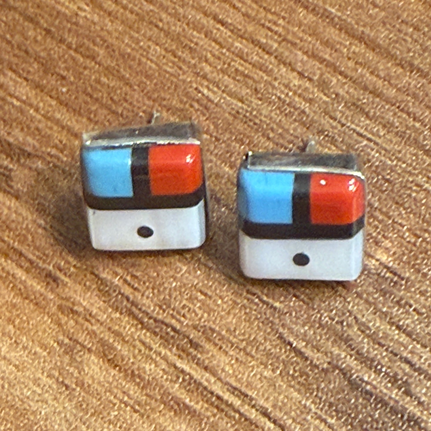 Native American Zuni Sunface Inlay Earrings Sterling Turquoise Coral Onyx Shell