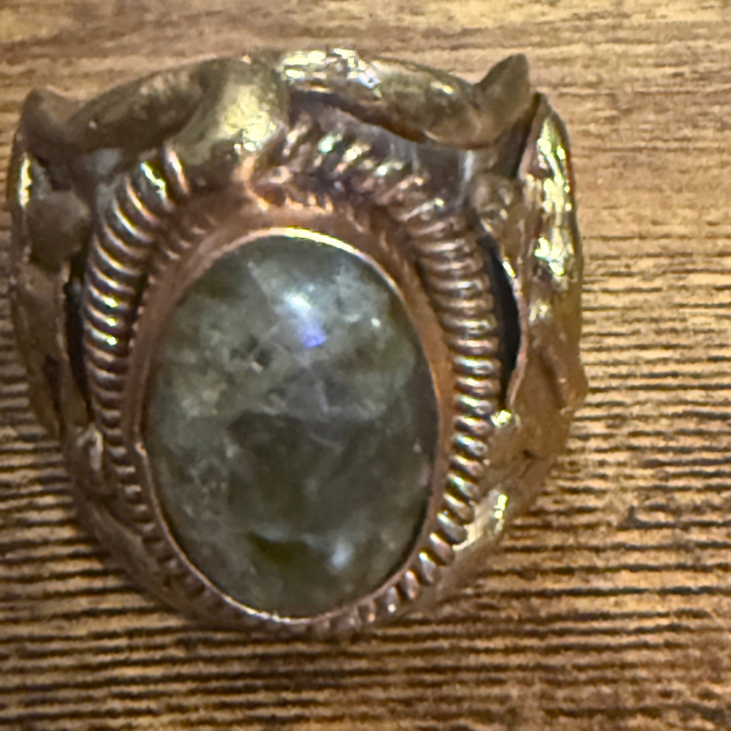 Green Labradorite Ring Adjustable Handcrafted Gemstone Mixed Metals