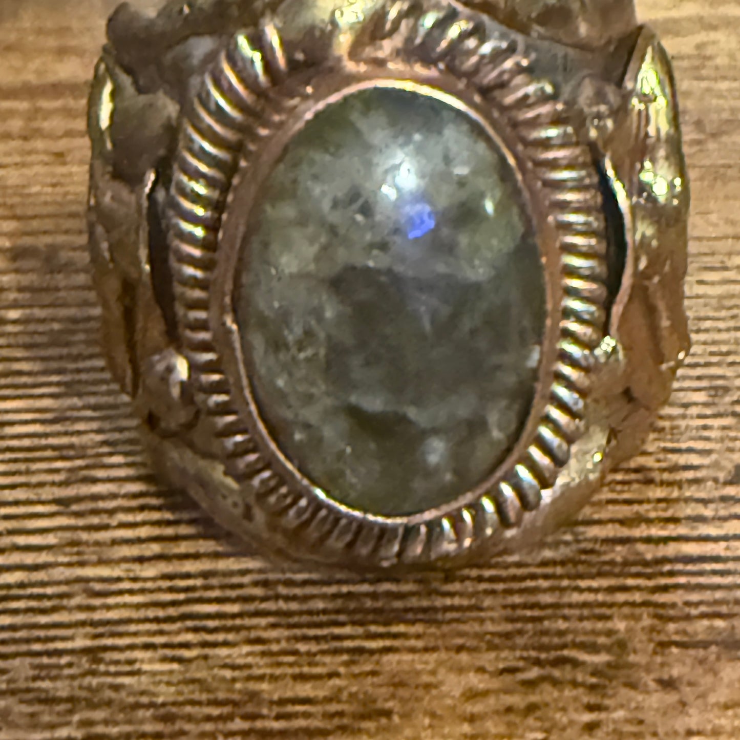 Green Labradorite Ring Adjustable Handcrafted Gemstone Mixed Metals