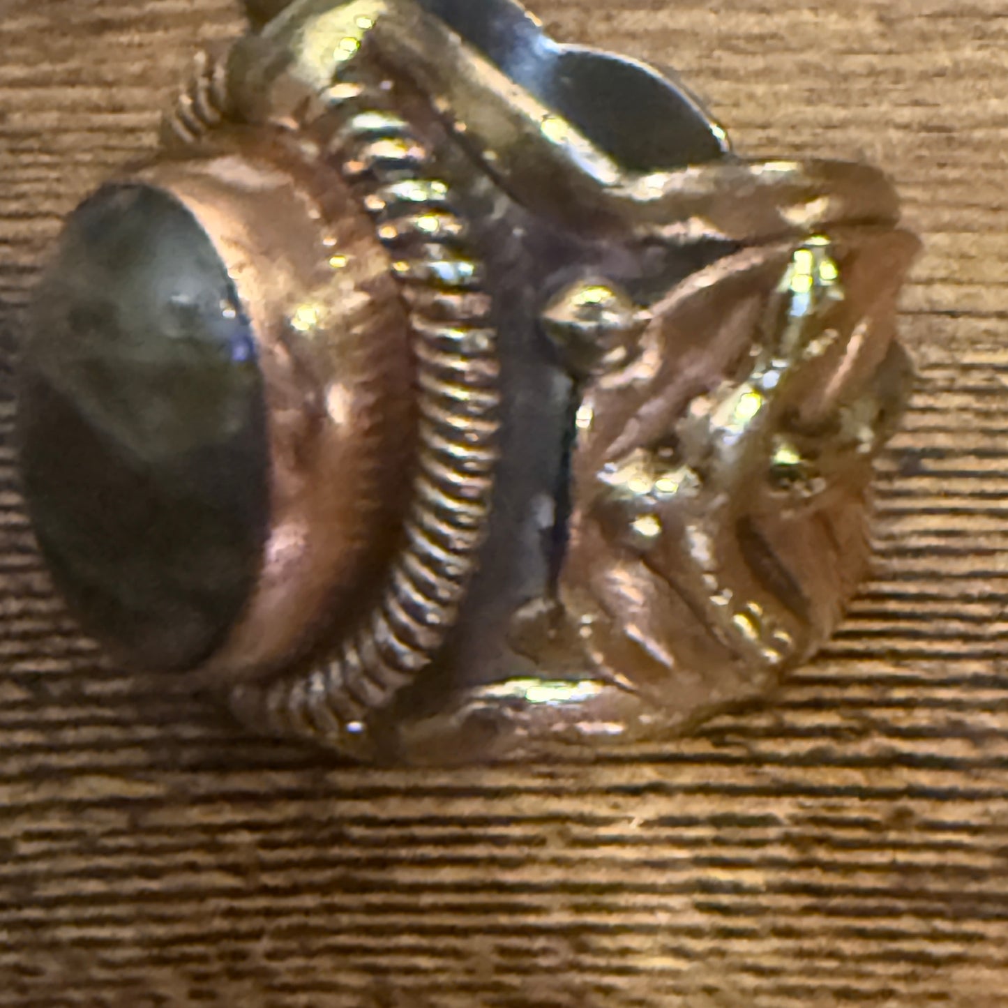 Green Labradorite Ring Adjustable Handcrafted Gemstone Mixed Metals