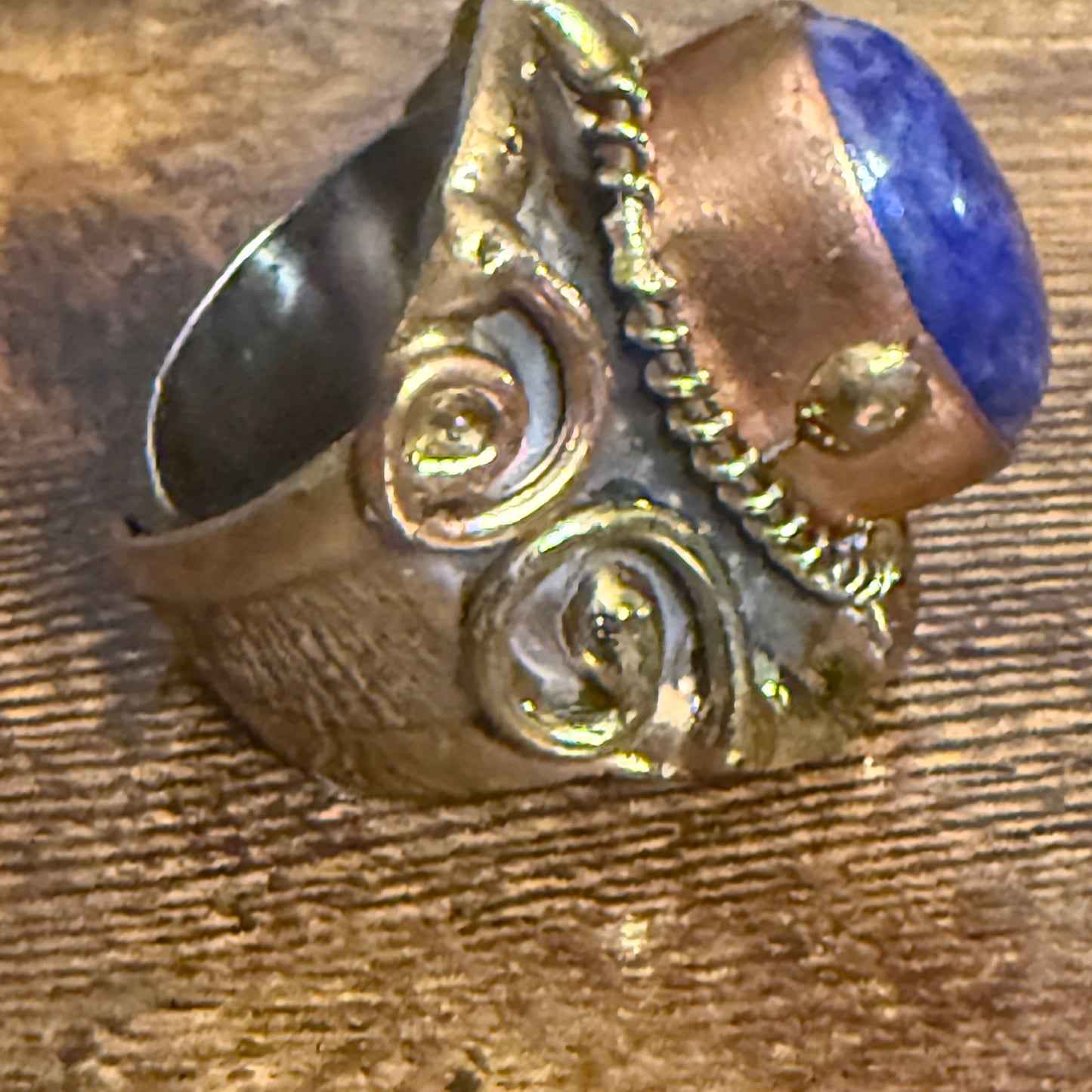 Handcrafted Blue Lapis Natural Gemstone Adjustable Ring Mixed Metals