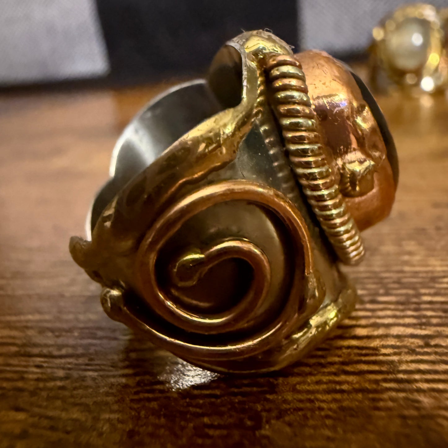 Handcrafted Black Onyx Natural Gemstone Adjustable Ring In Mixed Metals