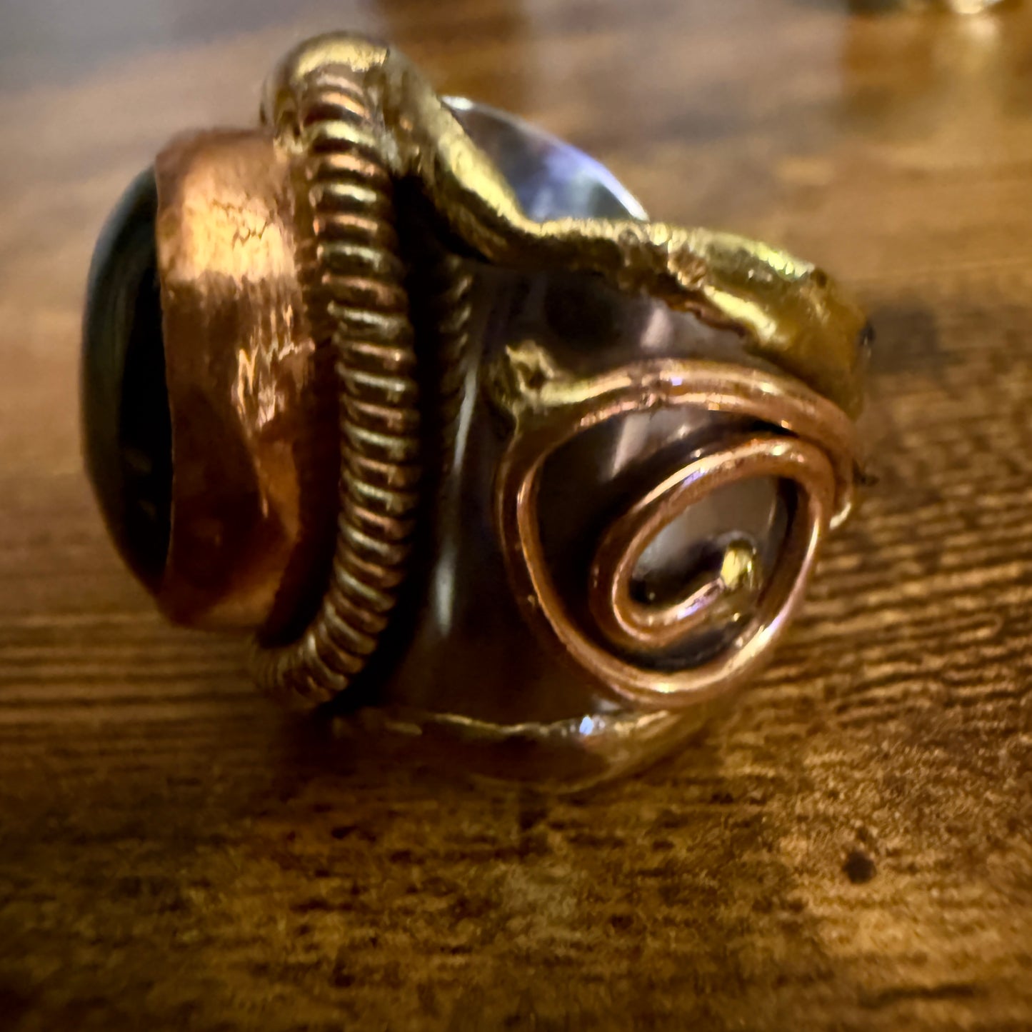 Handcrafted Black Onyx Natural Gemstone Adjustable Ring In Mixed Metals