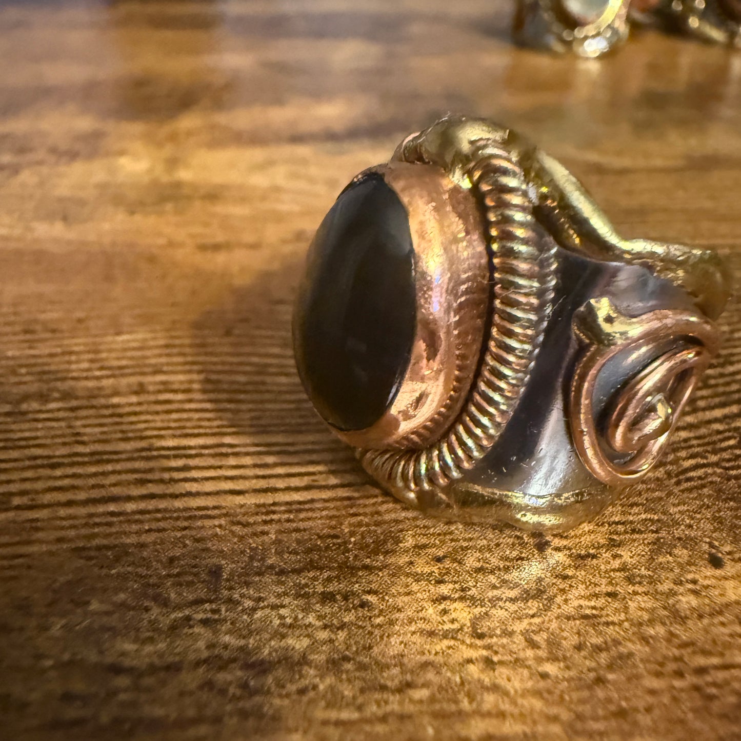 Handcrafted Black Onyx Natural Gemstone Adjustable Ring In Mixed Metals