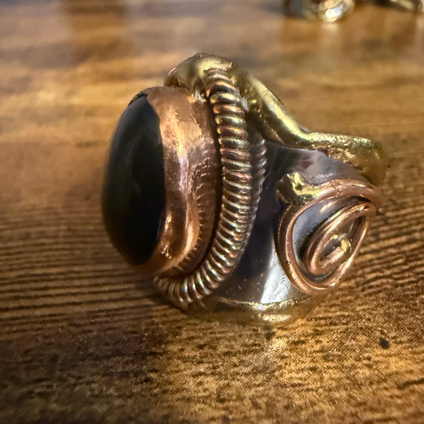 Handcrafted Black Onyx Natural Gemstone Adjustable Ring In Mixed Metals