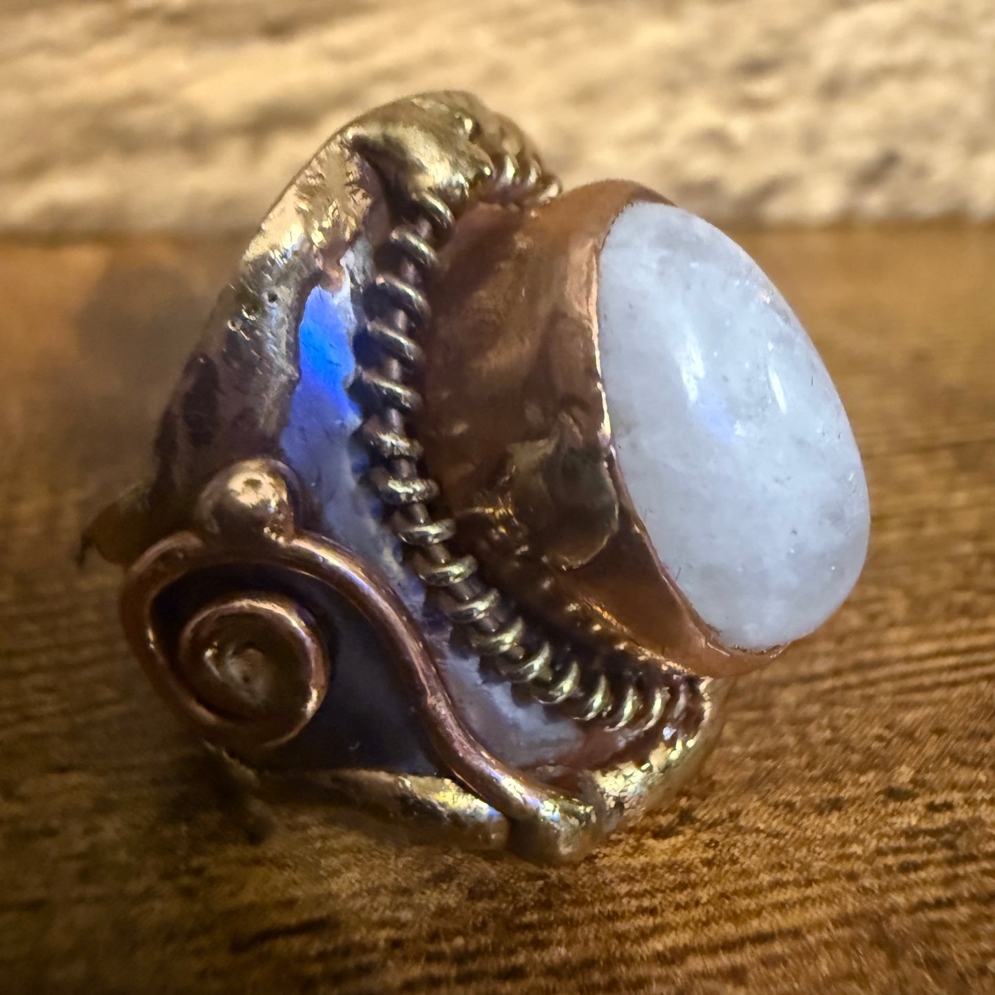 Handcrafted Moonstone Ring Adjustable Natural Gemstone Mixed Metals