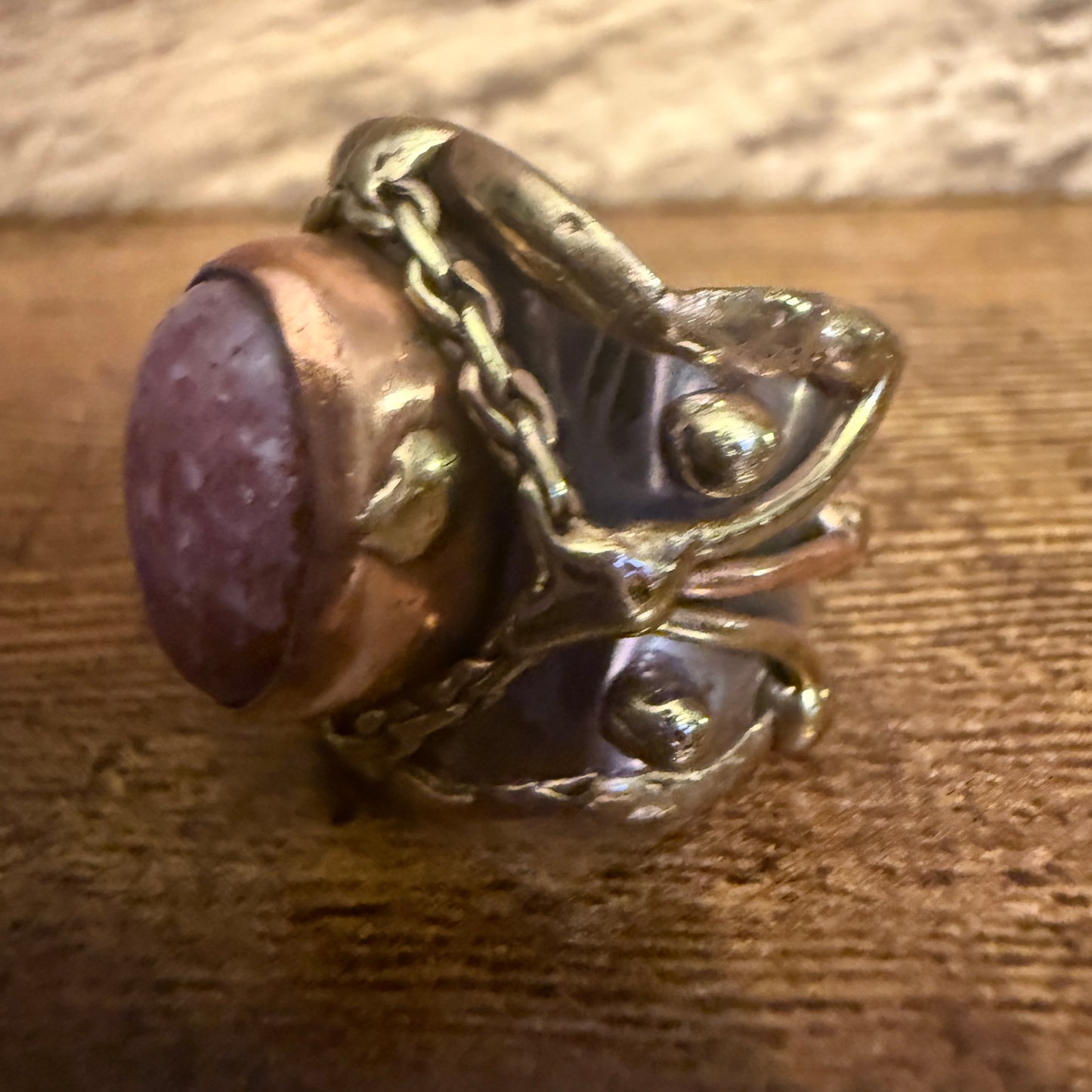Handcrafted Pink Rose Quartz Ring With Adjustable Mixed Metals