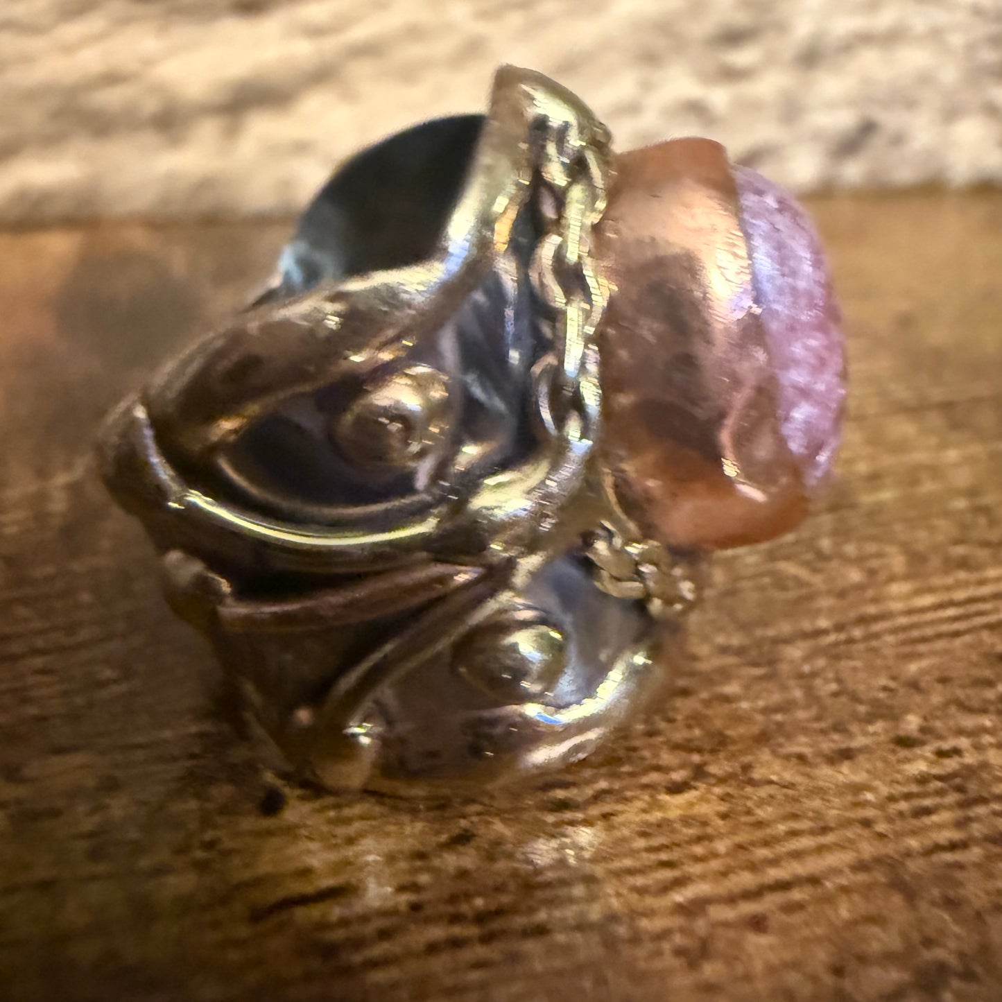 Handcrafted Pink Rose Quartz Ring With Adjustable Mixed Metals