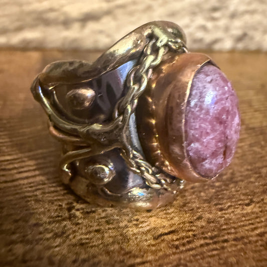 Handcrafted Pink Rose Quartz Ring With Adjustable Mixed Metals