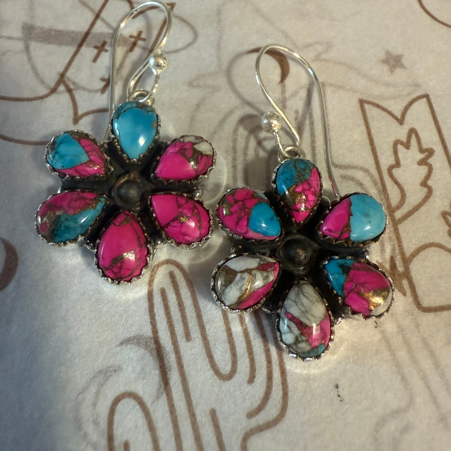 Cotton Candy Turquoise Dahlia Cluster Earrings Handmade 925 Sterling Silver