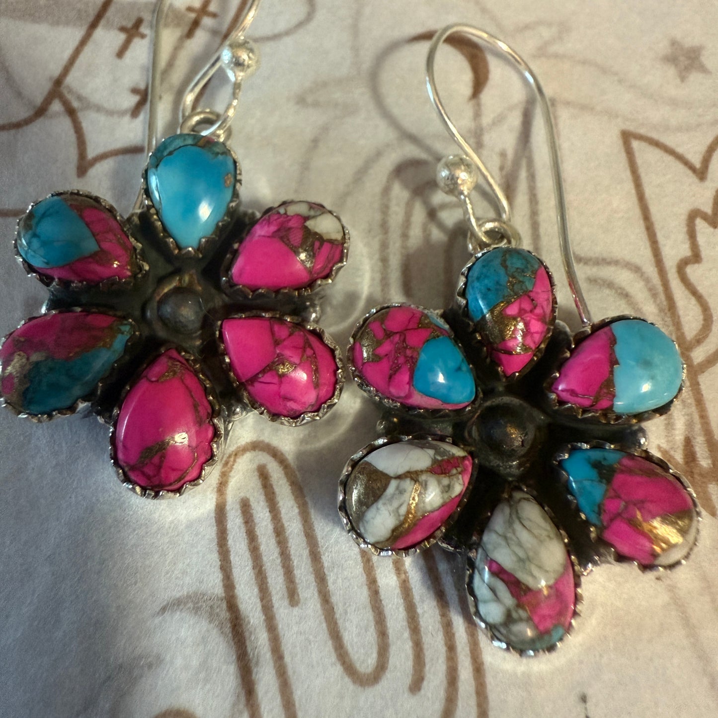 Cotton Candy Turquoise Dahlia Cluster Earrings Handmade 925 Sterling Silver