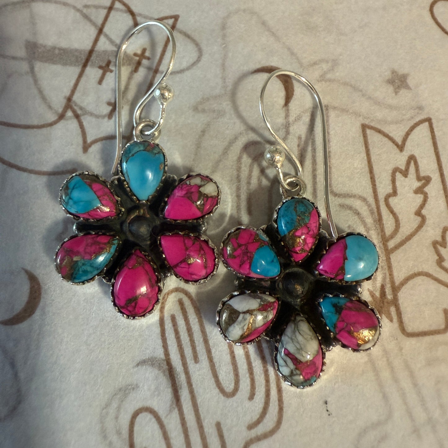 Cotton Candy Turquoise Dahlia Cluster Earrings Handmade 925 Sterling Silver