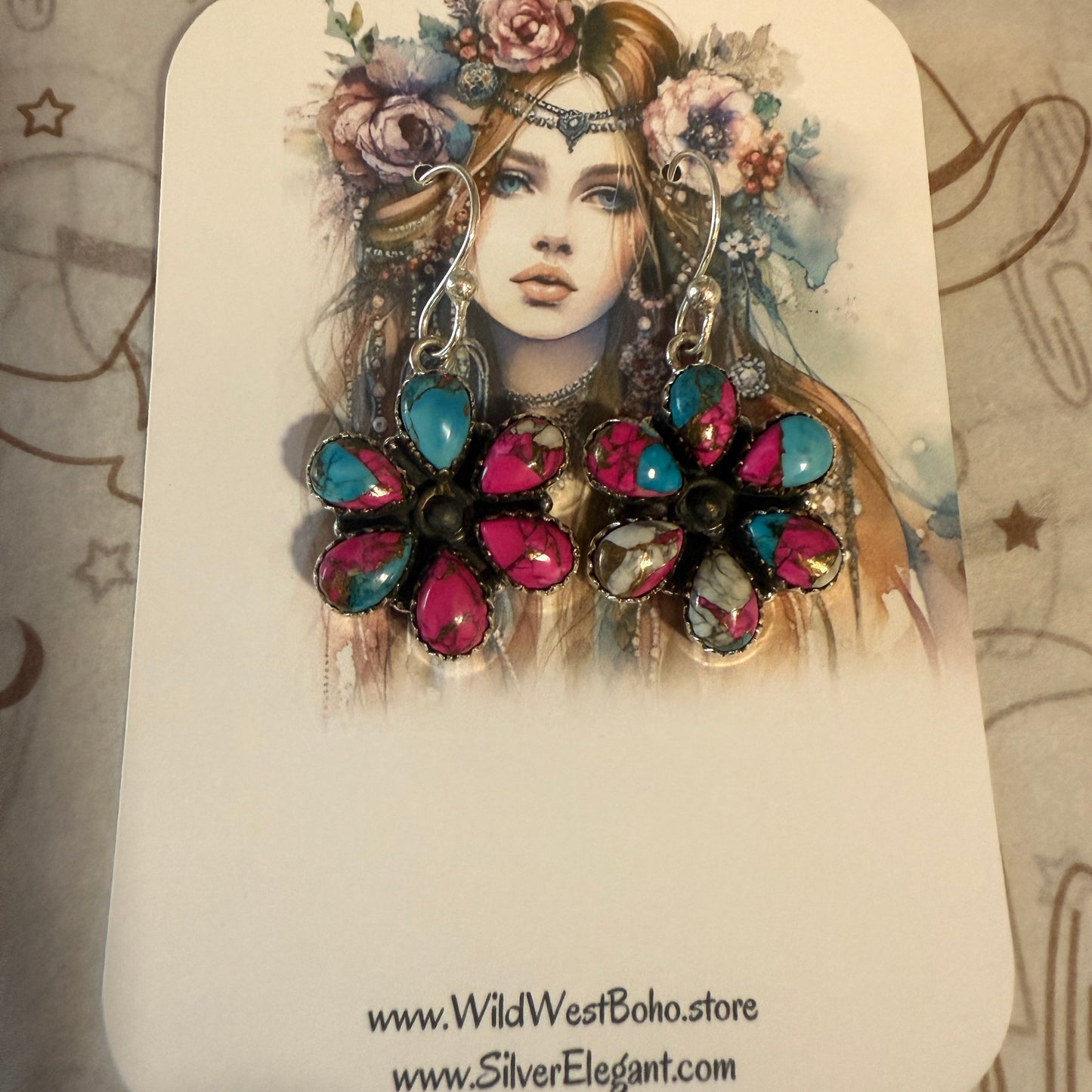 Cotton Candy Turquoise Dahlia Cluster Earrings Handmade 925 Sterling Silver