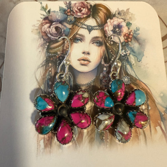 Cotton Candy Turquoise Dahlia Cluster Earrings Handmade 925 Sterling Silver