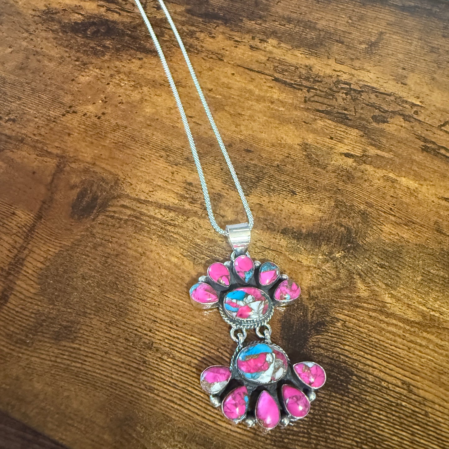 Cotton Candy Turquoise Dalhia Pendant Necklace Handmade 925 Sterling Silver