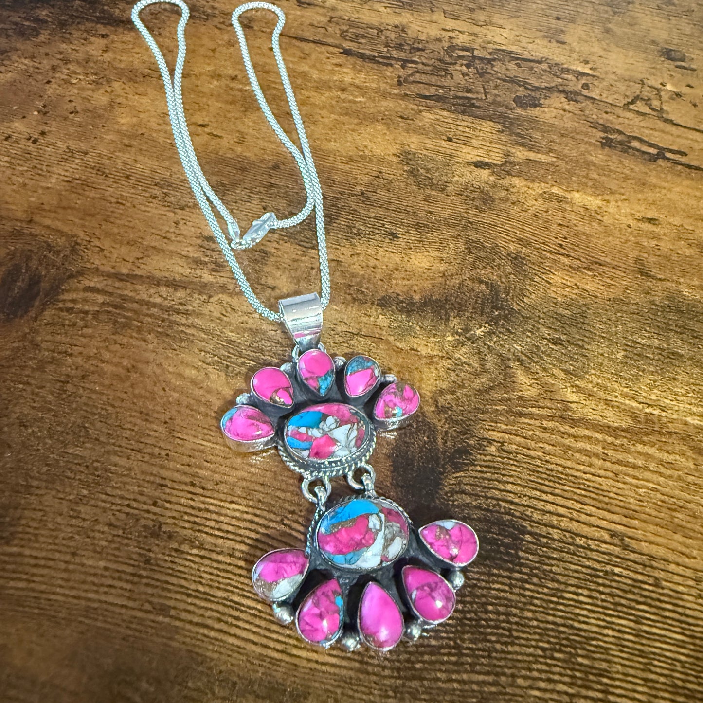 Cotton Candy Turquoise Dalhia Pendant Necklace Handmade 925 Sterling Silver